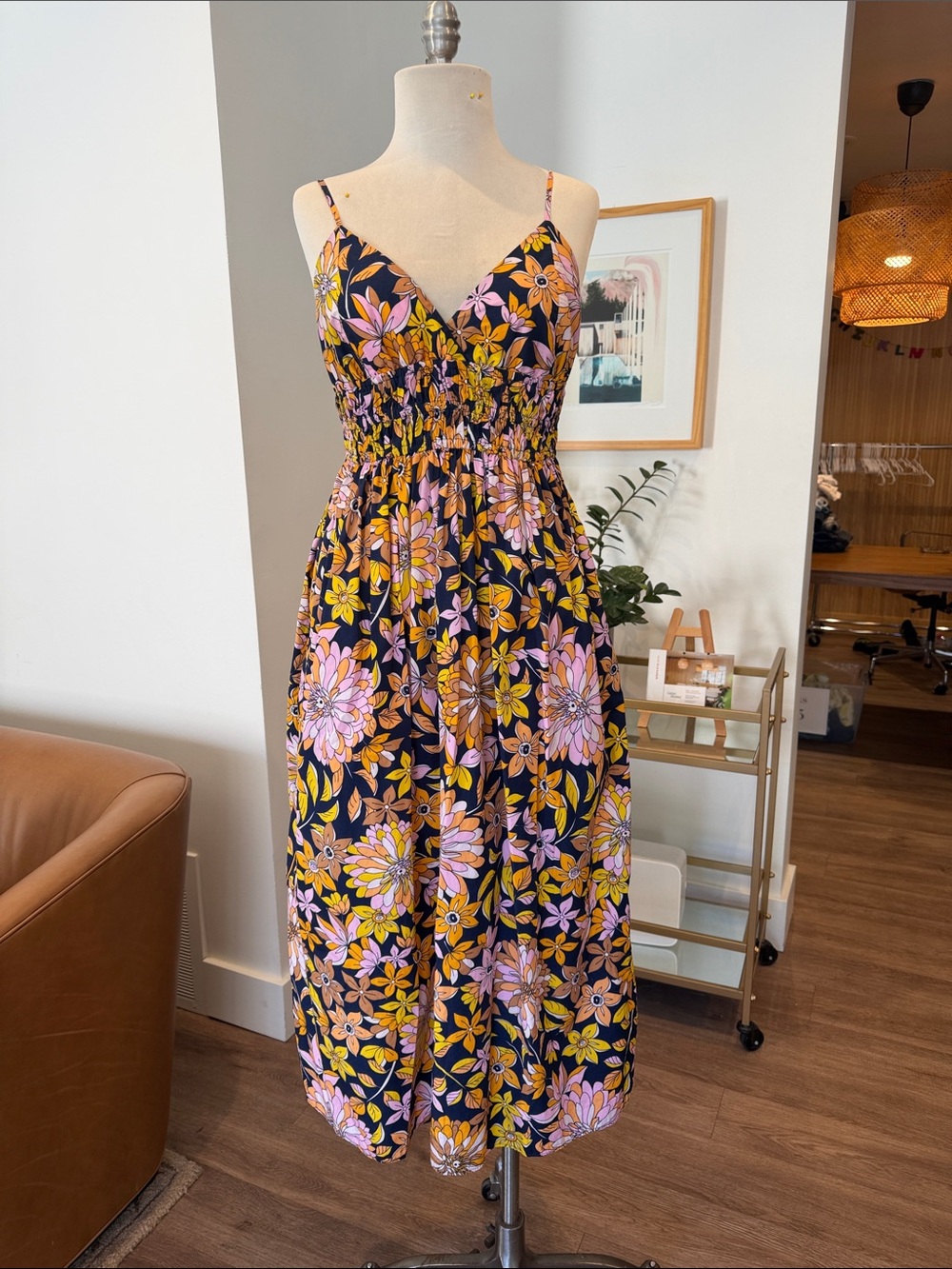 J. Crew Black Floral Smocked Midi Dress with Pink & Yellow Blooms